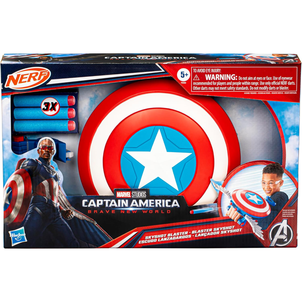 Hasbro Marvel Studios Captain America Brave New World NERF Skyshot Blaster, Shield Roleplay Toy | HBAVF9302