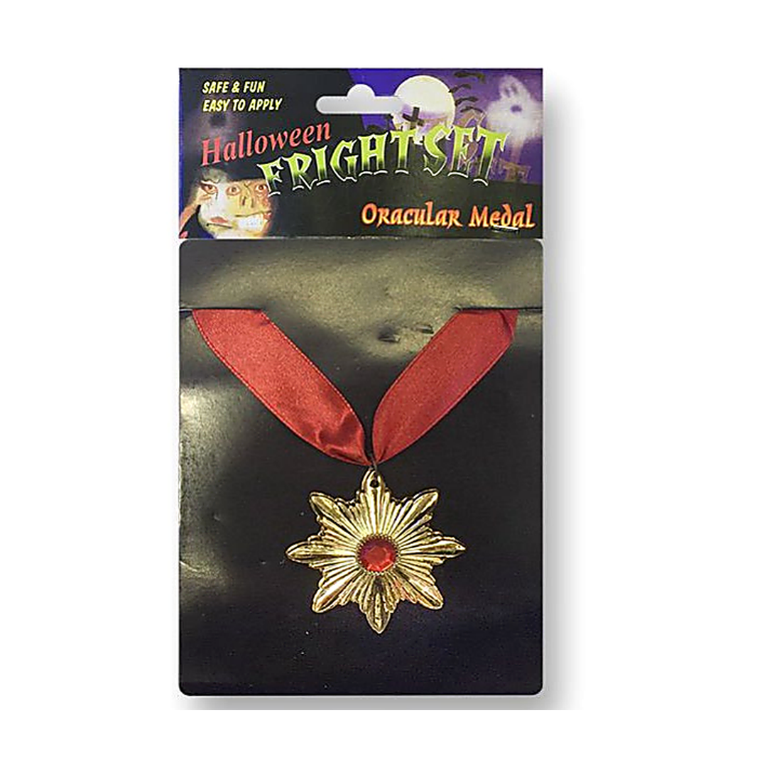 Dracula Vampire Halloween Medal Necklace - Gold & Red | AL2199