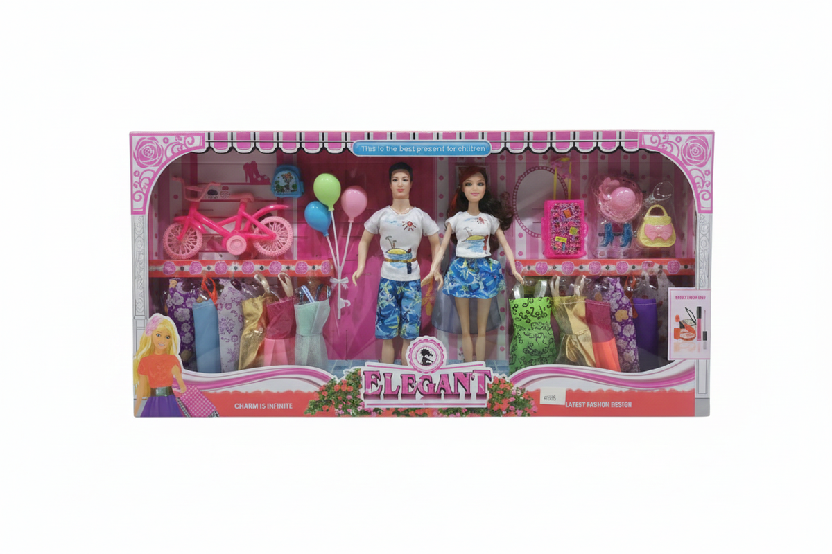 Elegant Fashion Doll Playset - Couple Dolls with Dresses, Bicycle & Accessories | 055B
