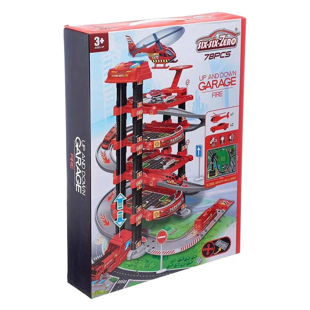 5-Level Fire Rescue Electric Parking Garage with Elevator, Spiral Ramps & Playmat - 82-Piece Set | 660-A325