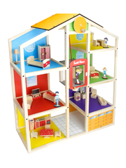 Wooden Dollhouse with Furniture and Family Figures - Multi-Level Playhouse